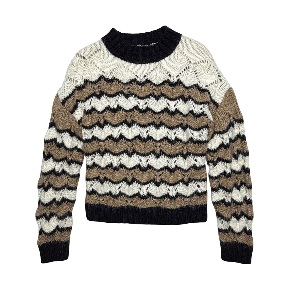 Cable Knit Sweater Women's Small Crew Neck Open Knit Black Tan Cream Fisherman